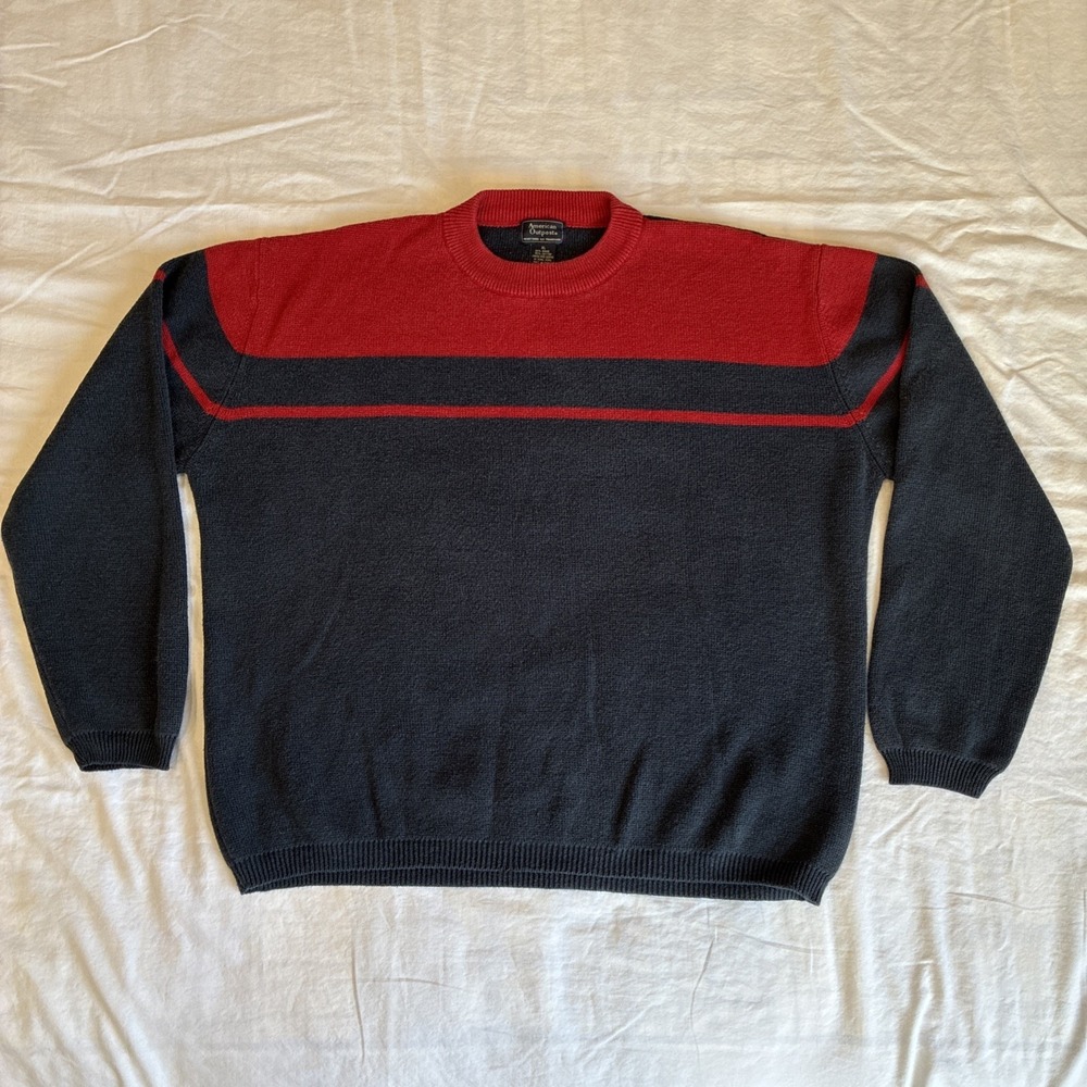 Vintage American Outpost Pullover Crew Neck Sweater Men's Size XL Blue Red Boxy